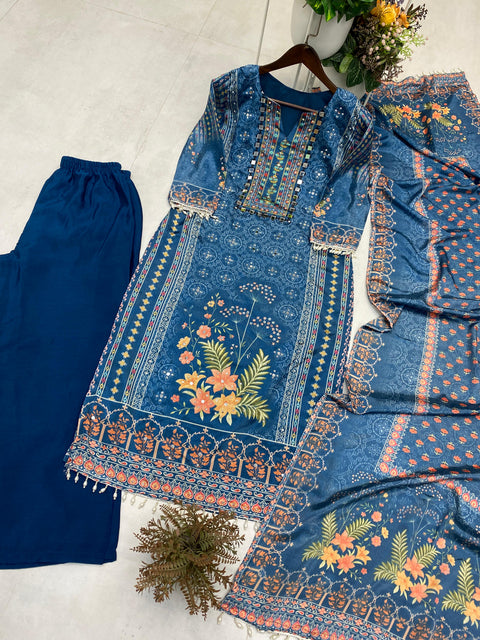 New DESIGNER WEAR PRINTED TOP WITH PANT PAIR IN REAL MIRROR AND DIAMOND WORK