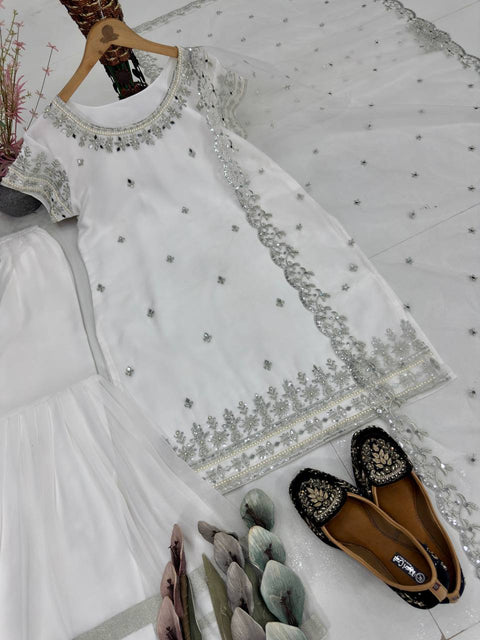 NEW DESIGNER HEAVY FUAX GEORGETTE TOP WITH SHARARA DUPATTA SUIT SET