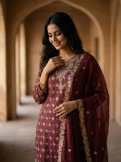 New Designer Collection In GMY SILK With Heavy Embroidery Sequence Work Top-Bottom And Dupatta Set
