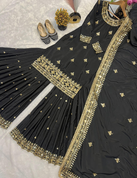 New Heavy Natural Crep With Heavy Embroidery Sequence  Work Sarara Plazo