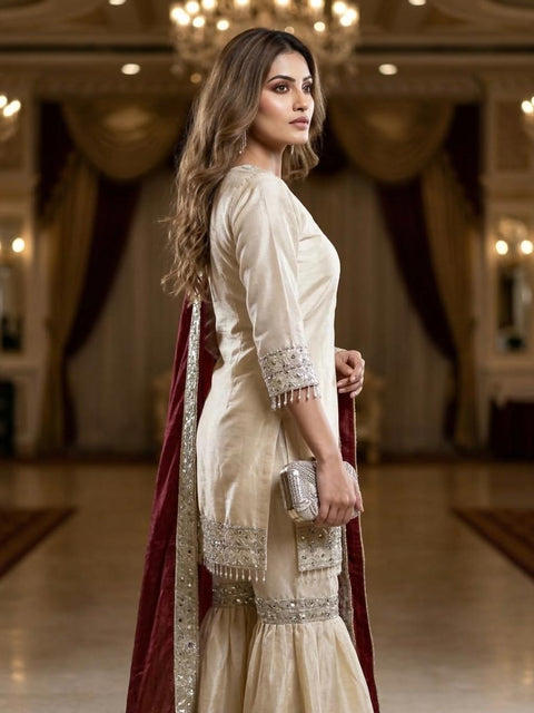 New Premium Chinon-Silk Pair Of Top Bottom & Duppata