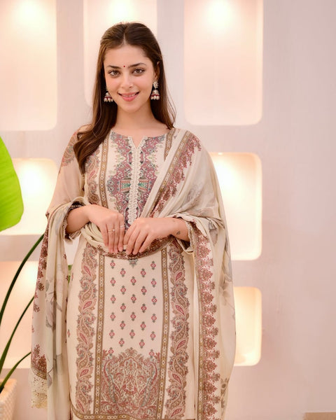 New Heavy Muslim simmer  With Heavy Digital Print With lace works Top-Bottom And Dupatta Set