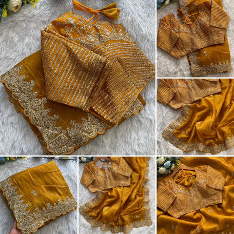 NEW TRENDING GLOD CRUSH FABRIC ON HEAVY EMBRODERY WORK SAREE