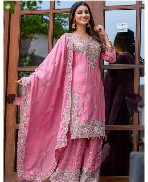 New Pure Heavy Chinnon Silk With  Heavy Embroidery moti Sequence Work With Full Embroidery Sleeve
