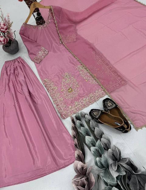 New DESIGNER HEAVY NATURAL CREAP EMBROIDERED SEQUENCE WORK WITH FANCY TOP SHARARA DUPATTA SET