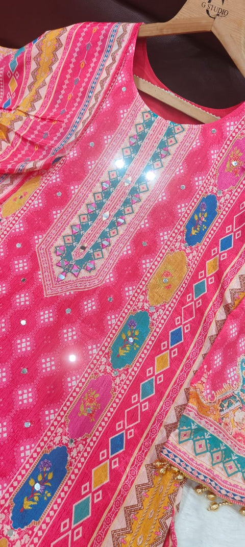 New DESIGNER WEAR JAYPURI TRENDING  TOP WITH PRINTED WORK WITH MIROR WORK WITH PLAZZO AND DUPATTA