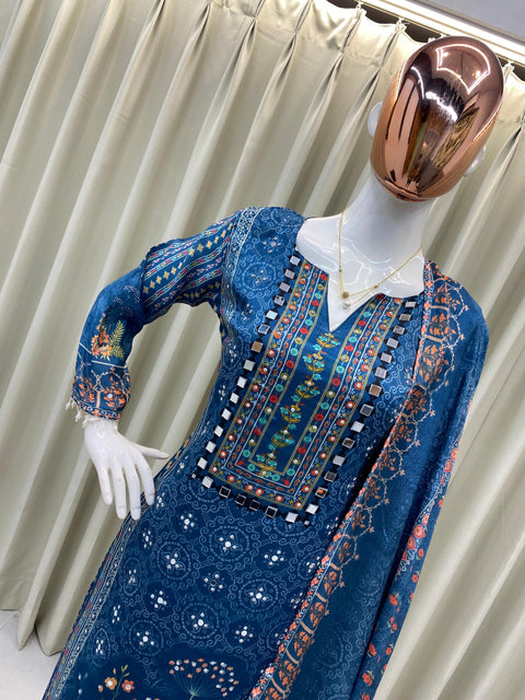 New DESIGNER WEAR PRINTED TOP WITH PANT PAIR IN REAL MIRROR AND DIAMOND WORK