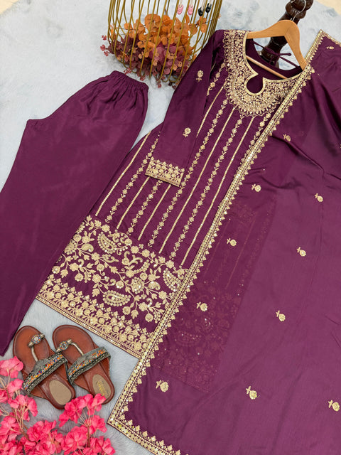New Designer Party Wear Look Pur Chinon Silk Top Bottom & Dupatta Set