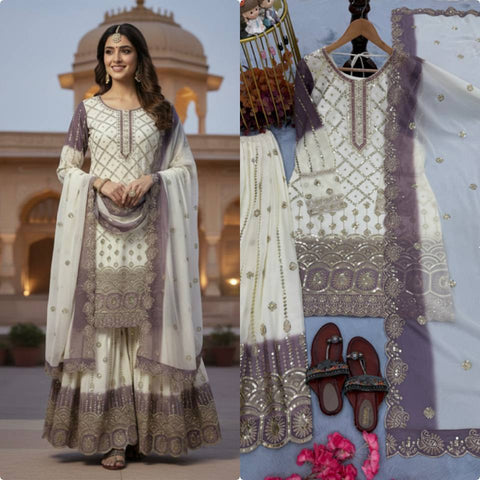 New  Designer Party Wear Look Pur Heavy Dual Tone Peding Star Georgette Top Plazzo & Dupatta Set