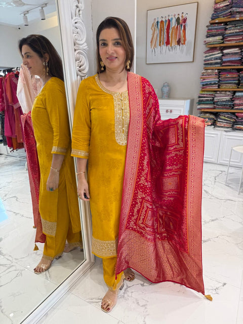 New  Designer Pure Banarasi Jequard Wiving Top With Pent & Dupatta Set