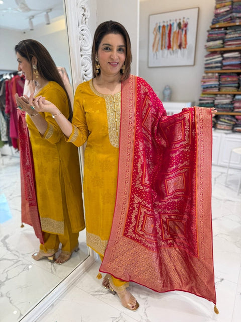 New  Designer Pure Banarasi Jequard Wiving Top With Pent & Dupatta Set