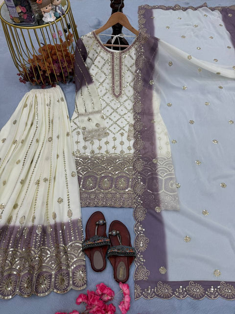 New  Designer Party Wear Look Pur Heavy Dual Tone Peding Star Georgette Top Plazzo & Dupatta Set