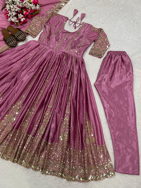 New Fancy Style Heavy Chinnon Silk Designer Anarkali Suit
