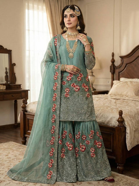 New Pure Fendy Silk With Heavy Embroidery Sequence Work Top-Bottom And Dupatta Set