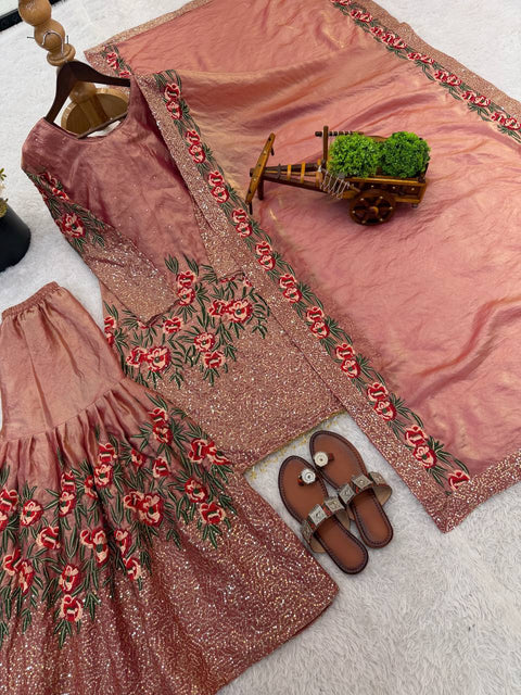 New Pure Fendy Silk With Heavy Embroidery Sequence Work Top-Bottom And Dupatta Set
