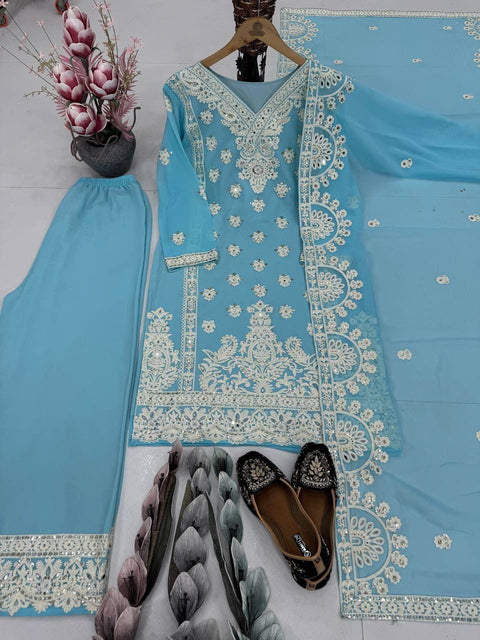 New HEAVY FUAX GEORGEET EMBROIDERY SEQUENCES DESIGNER PARTY WEAR SUIT